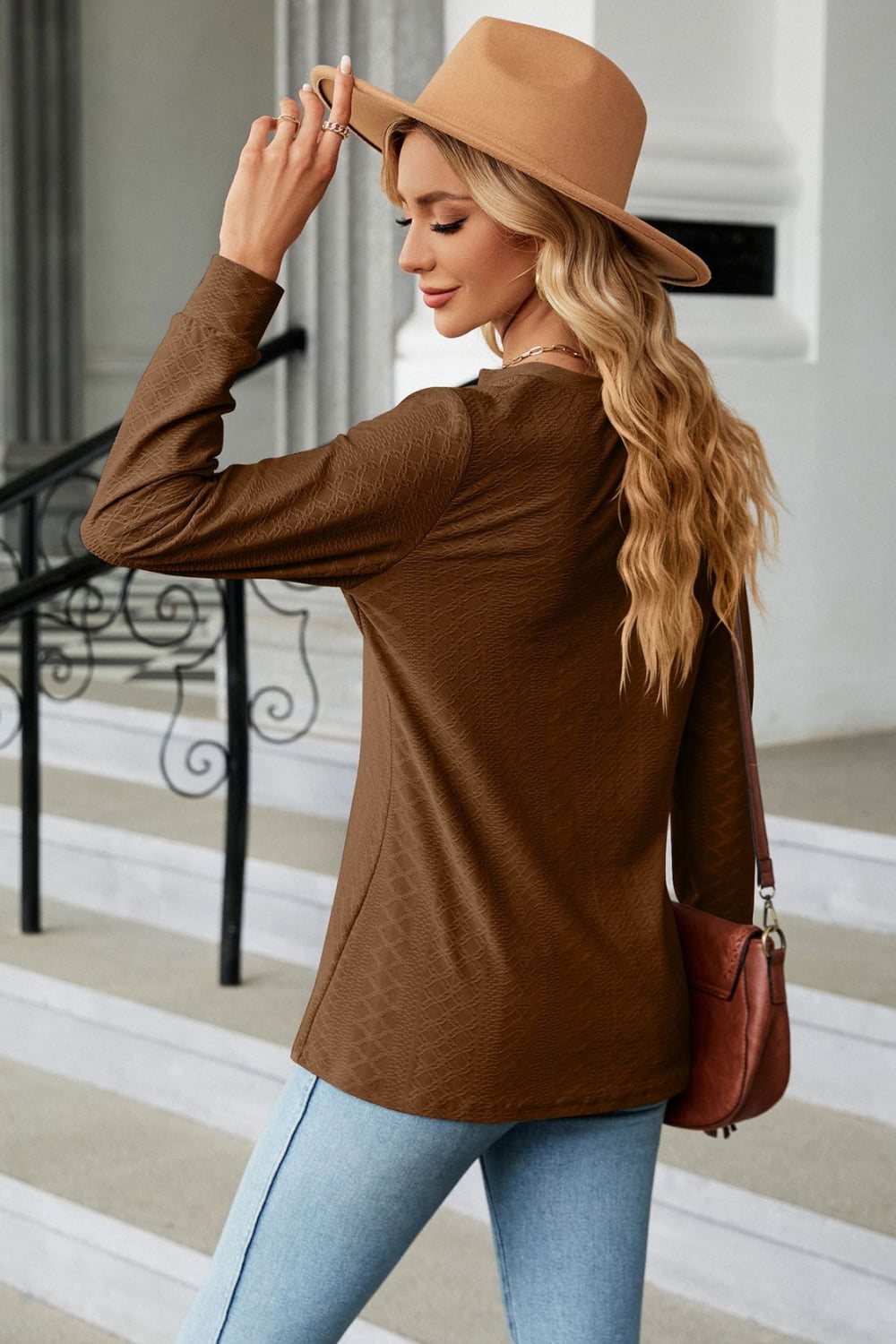 Notched Neck Long Sleeve Buttoned Blouse - Classique Collection