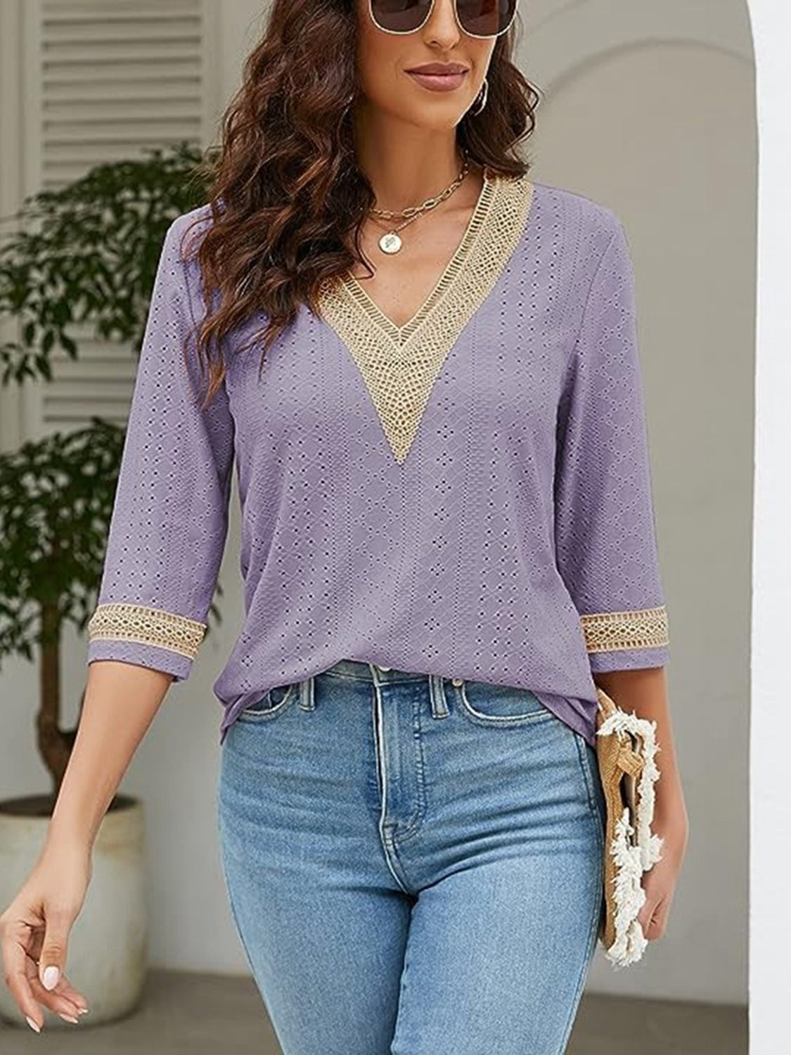 V-Neck Eyelet Blouse - Classique Collection