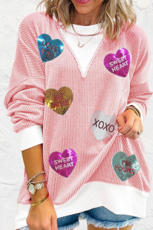 Valentine’s Day Sequin Heart Long Sleeve Sweatshirt - Classique Collection
