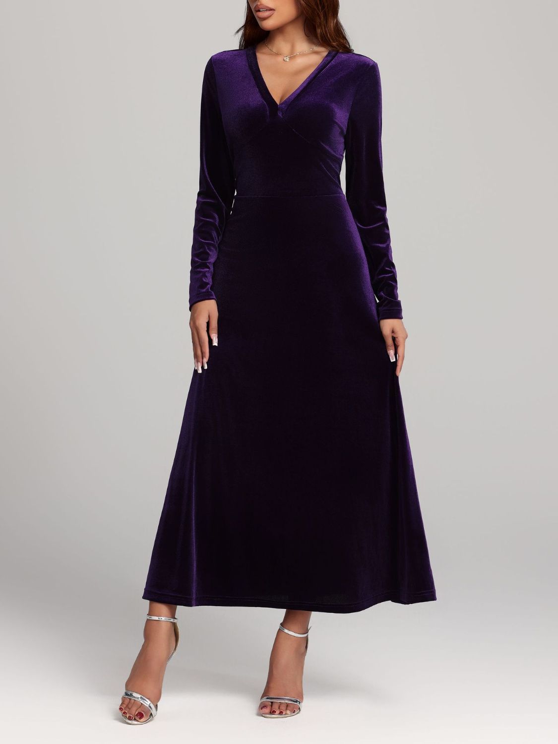 V-Neck Long Sleeve Velvet Dress - Classique Collection