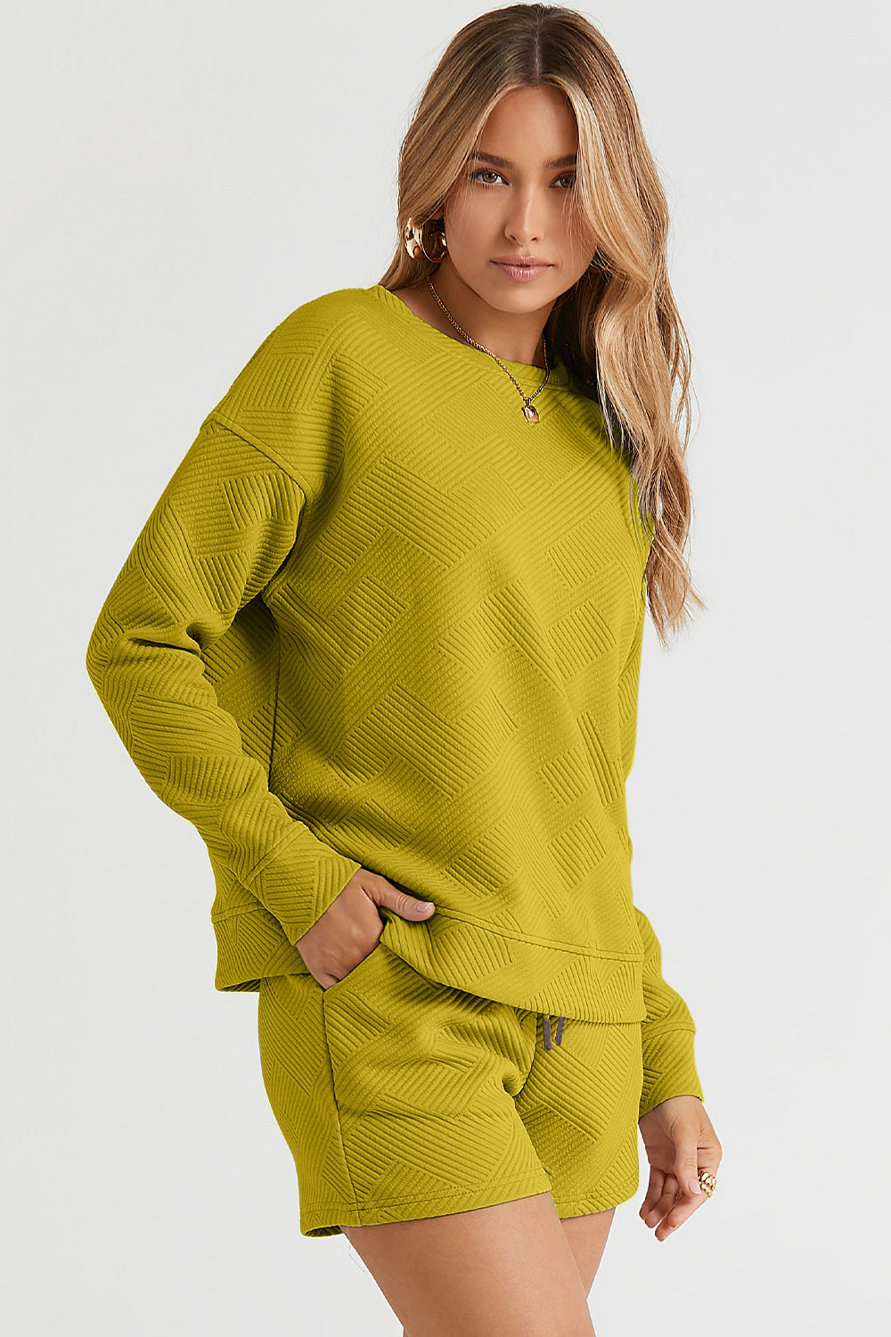 Double Take Full Size Texture Long Sleeve Top and Drawstring Shorts Set - ClassiQ