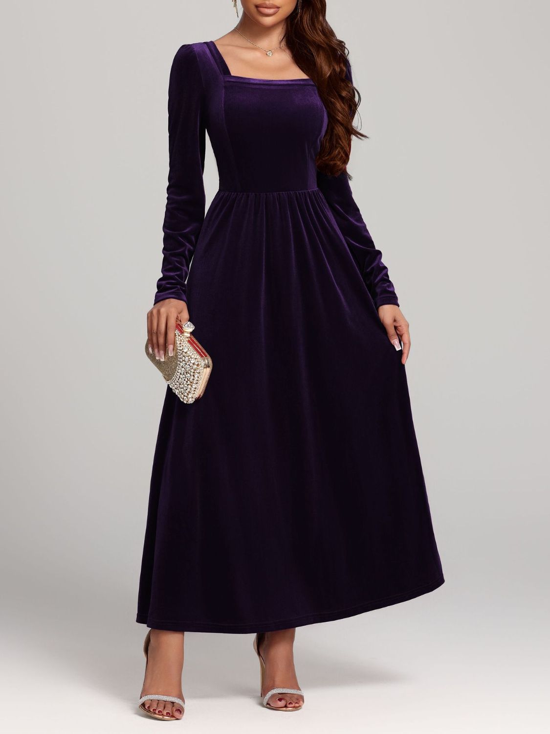 Velvet Square Neck Long Sleeve Dress - Classique Collection
