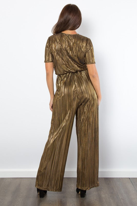 Be Stage Surplice Short Sleeve Pleated Foil Jumpsuit - ClassiQ