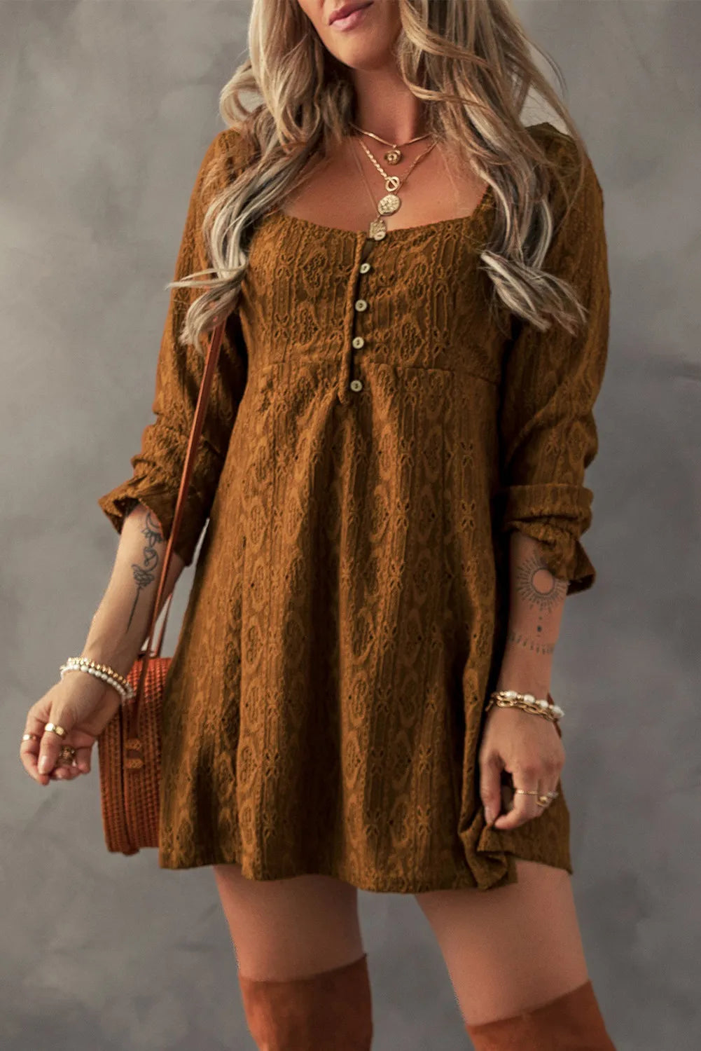 Textured Square Neck Mini Dress - Classique Collection