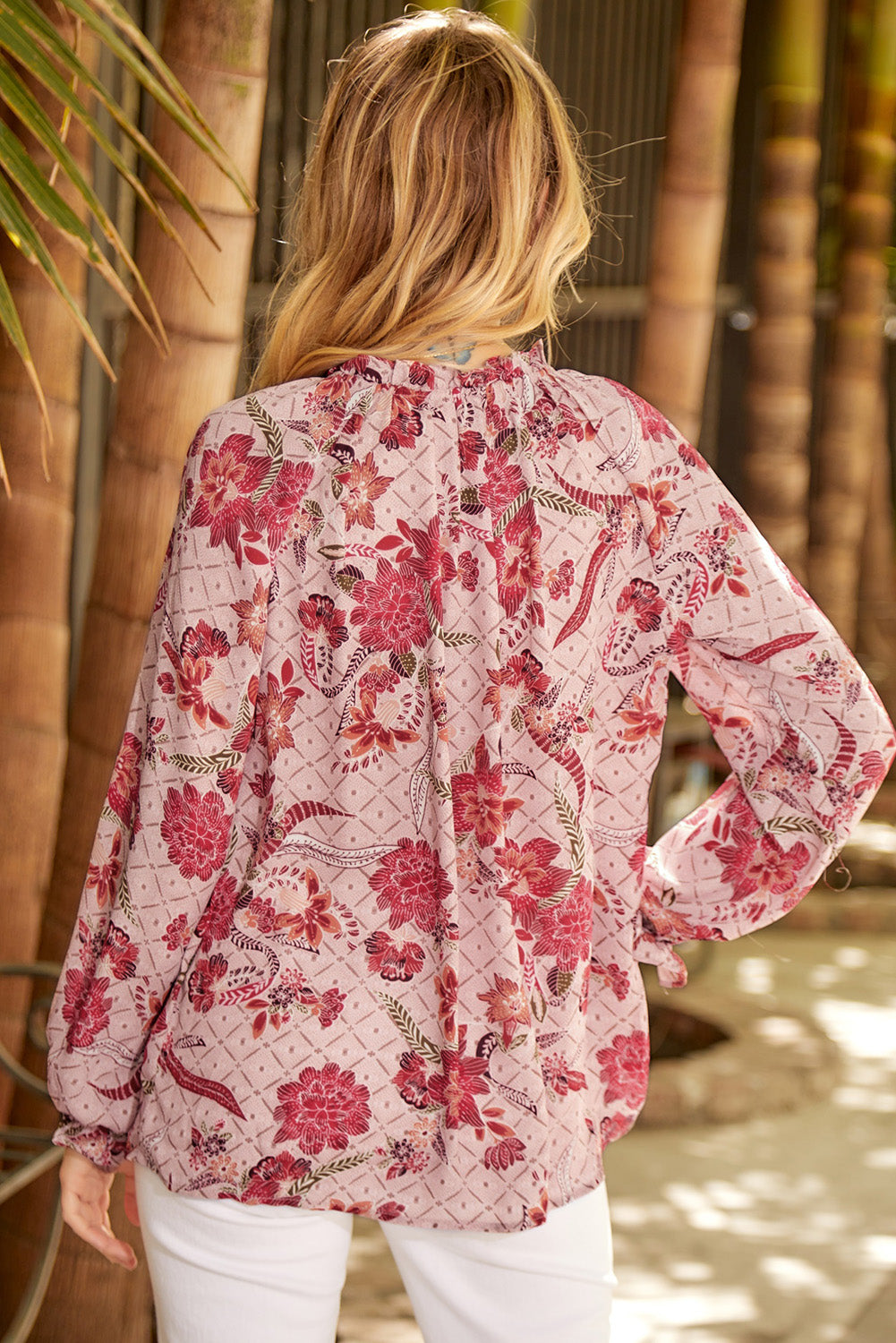 Floral Tie Neck Flounce Sleeve Blouse - Classique Collection