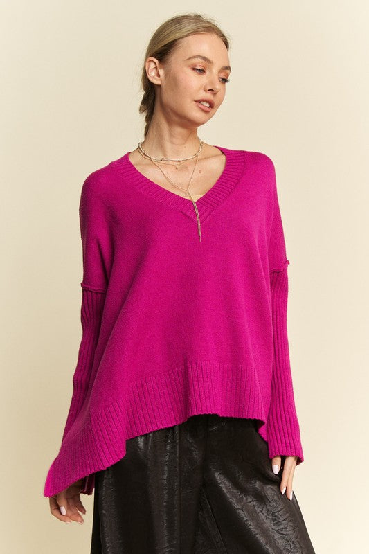 Davi & Dani Ribbed Side Slit V-Neck Sweater - Classique Collection