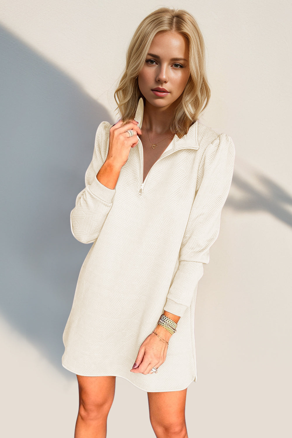 Double Take Textured Quarter Zip Long Sleeve Dress - Classique Collection