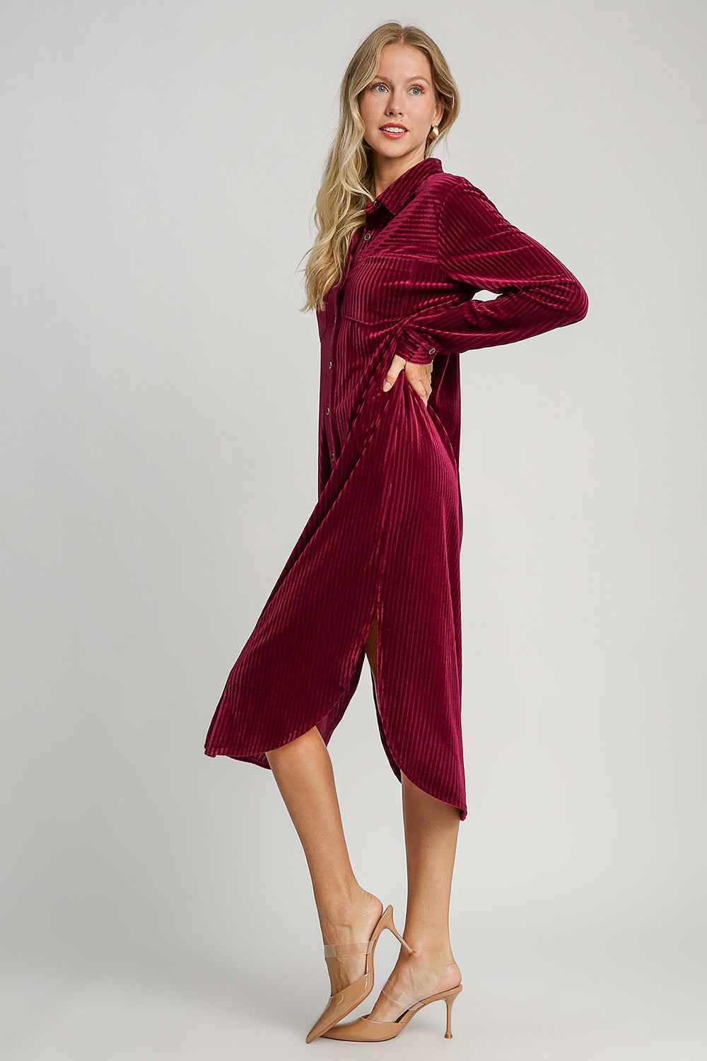 Umgee Texture Curved Hem Button Down Shirt Dress - Classique Collection