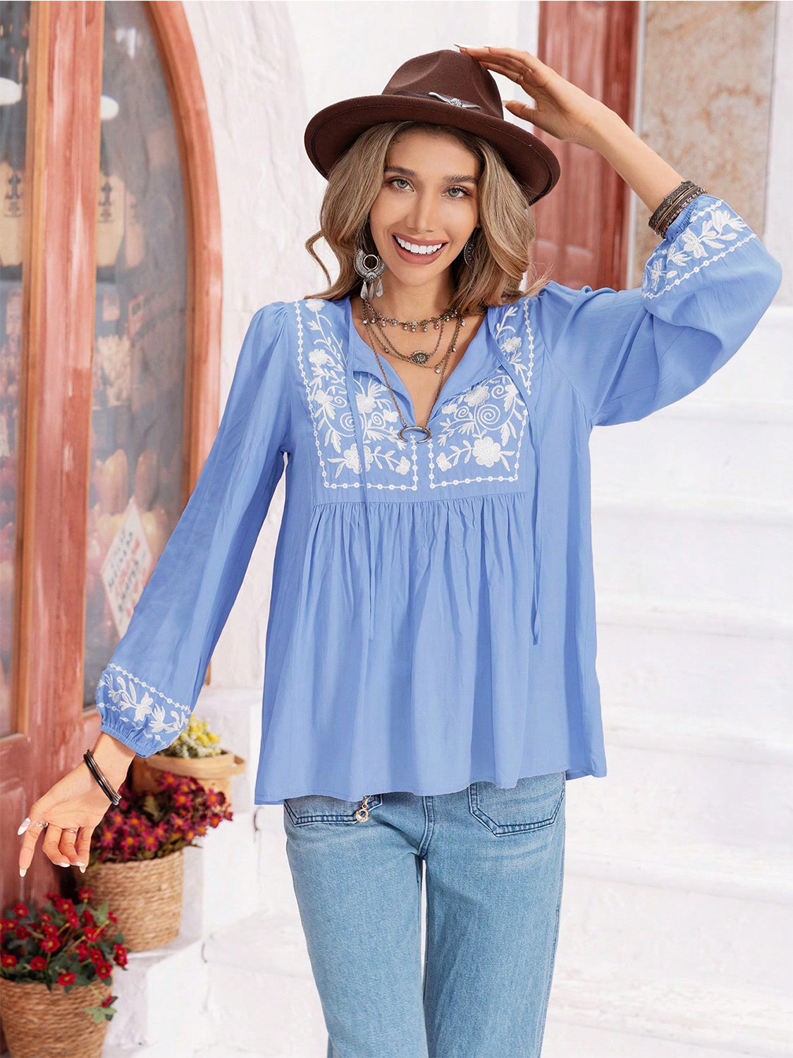 Floral Tie Neck Balloon Sleeve Blouse - Classique Collection