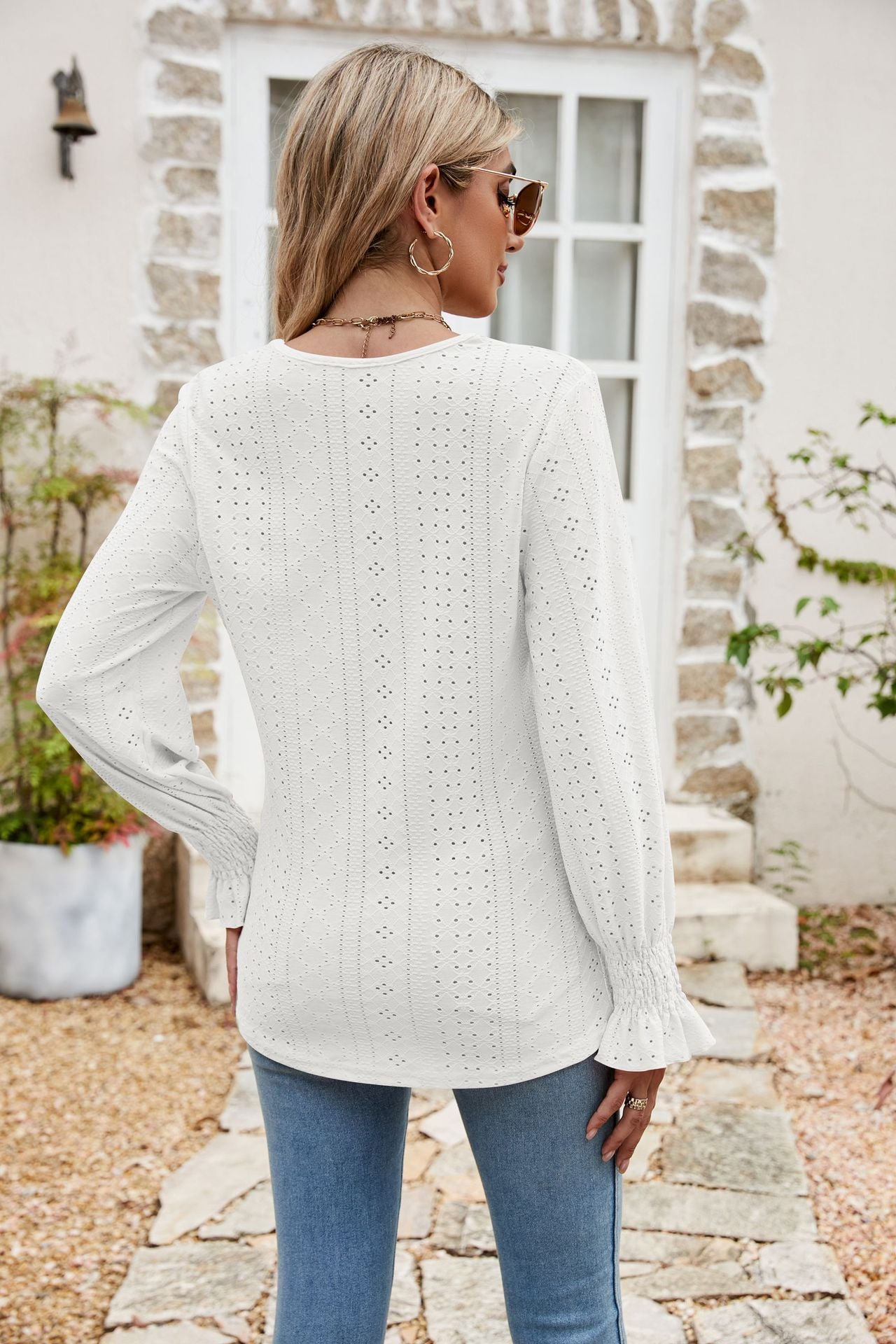 Eyelet Flounce Sleeve V-Neck Blouse - Classique Collection