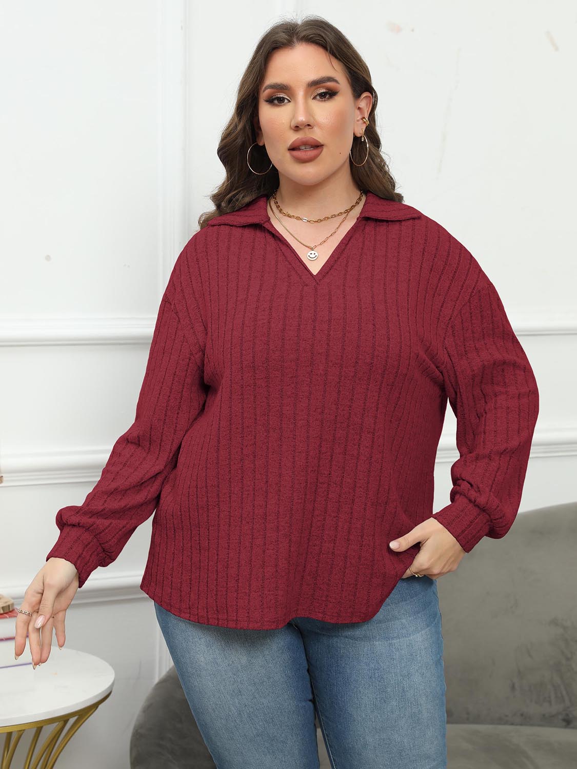 Plus Size Ribbed Collared Neck Long Sleeve Blouse - Classique Collection