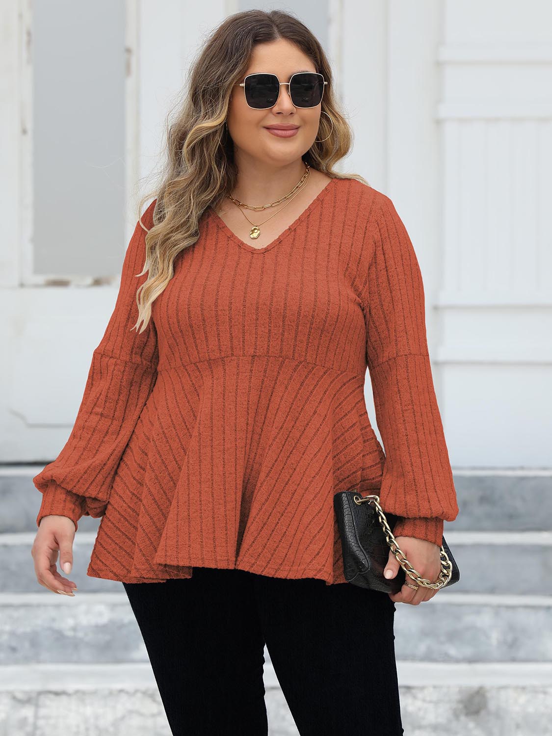Plus Size Ribbed V-Neck Long Sleeve Blouse - Classique Collection