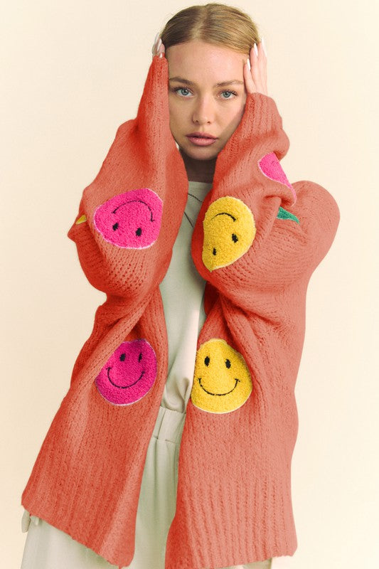 Davi & Dani Fuzzy Smile Open Front Long Sleeve Cardigan - Classique Collection