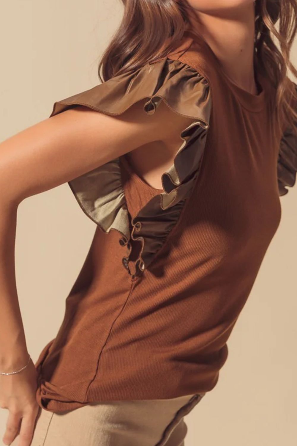 Ruffled Round Neck Cap Sleeve Blouse - Classique Collection