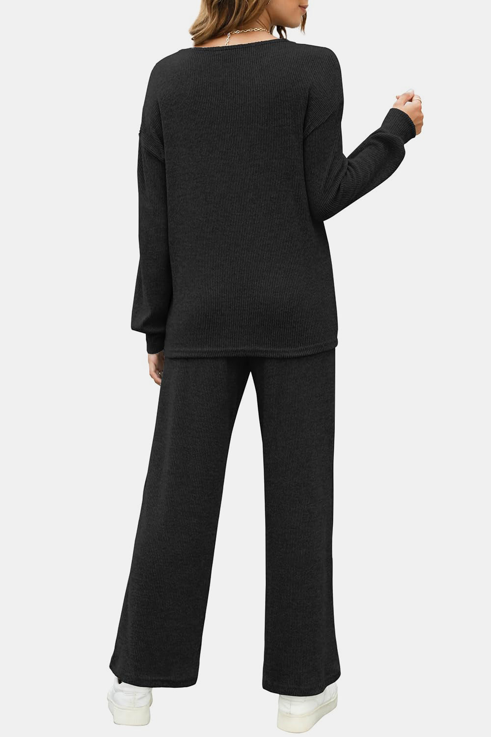Round Neck Long Sleeve Top and Pants Set - ClassiQ