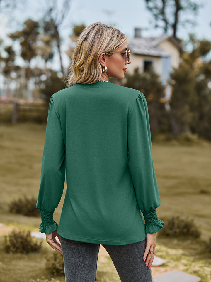 Notched Neck Flounce Sleeve Blouse - Classique Collection