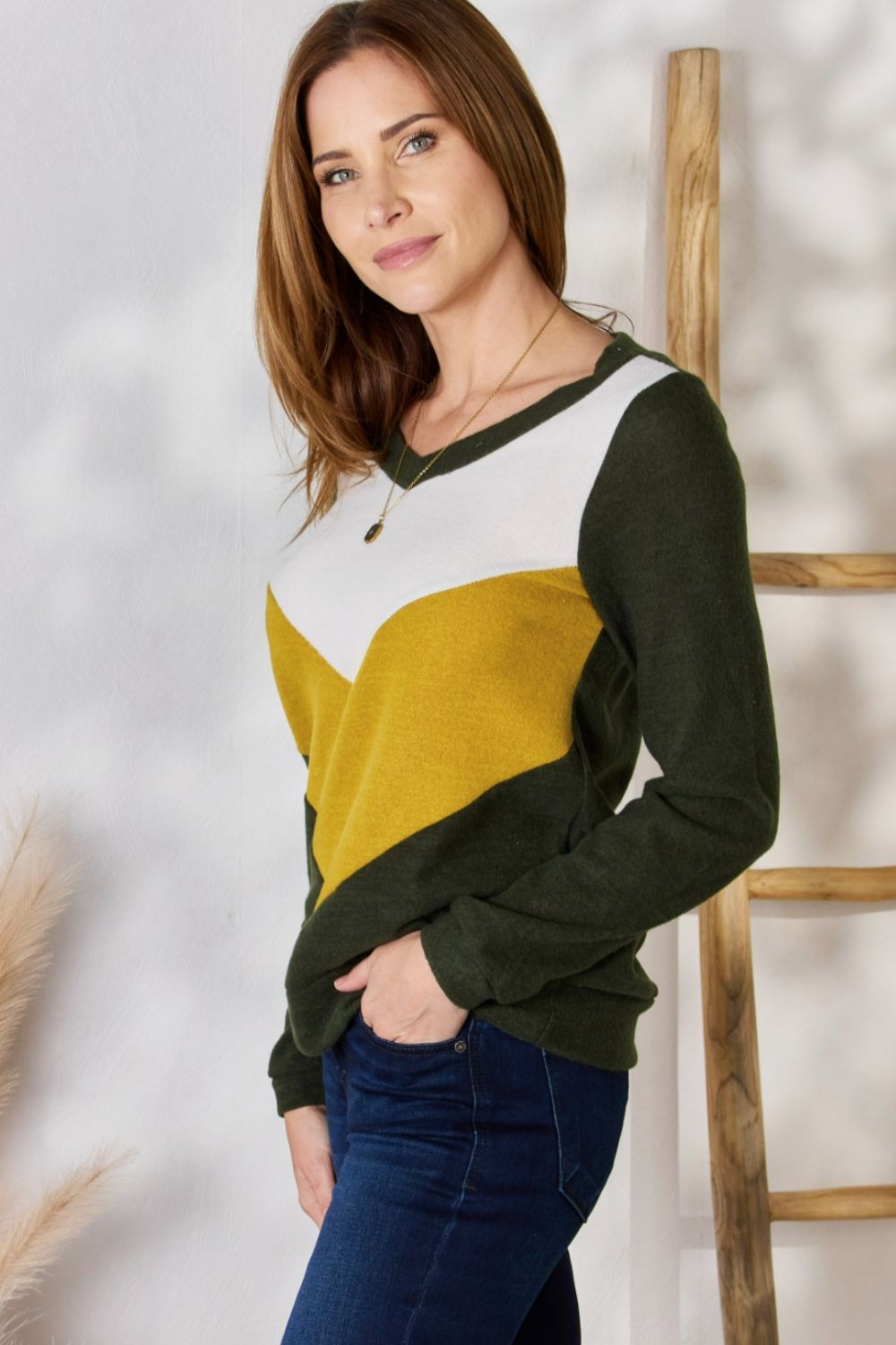 Hailey & Co Full Size Colorblock V-Neck Blouse - Classique Collection