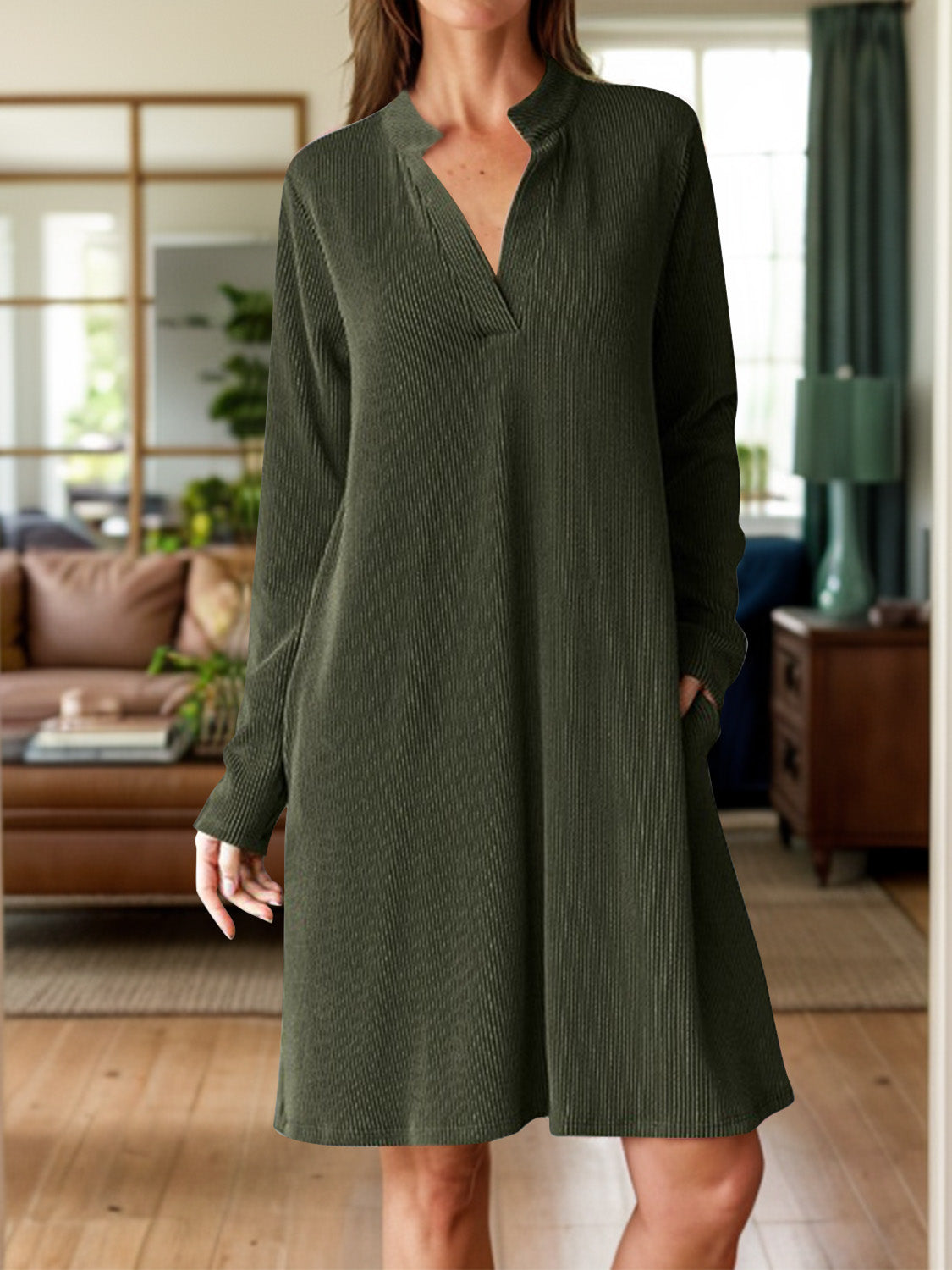 Notched Long Sleeve Mini Dress with Pockets - Classique Collection
