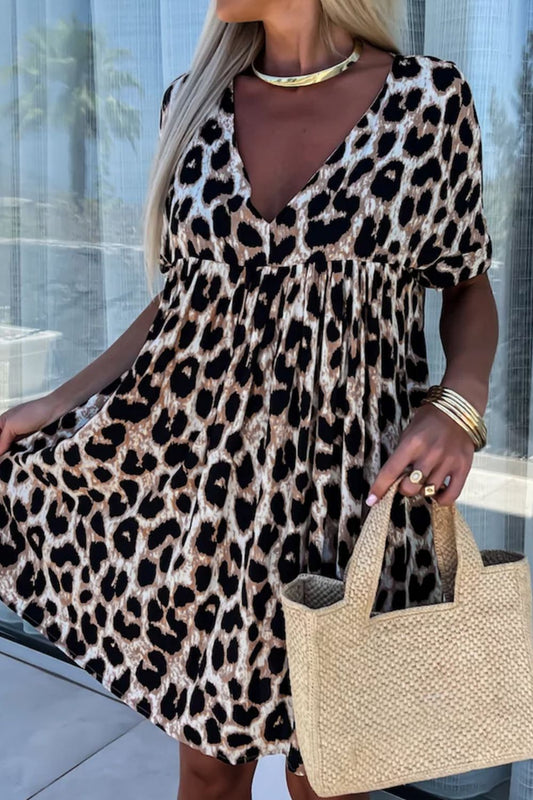 Cutout Back Leopard V-Neck Short Sleeve Mini Dress - Classique Collection