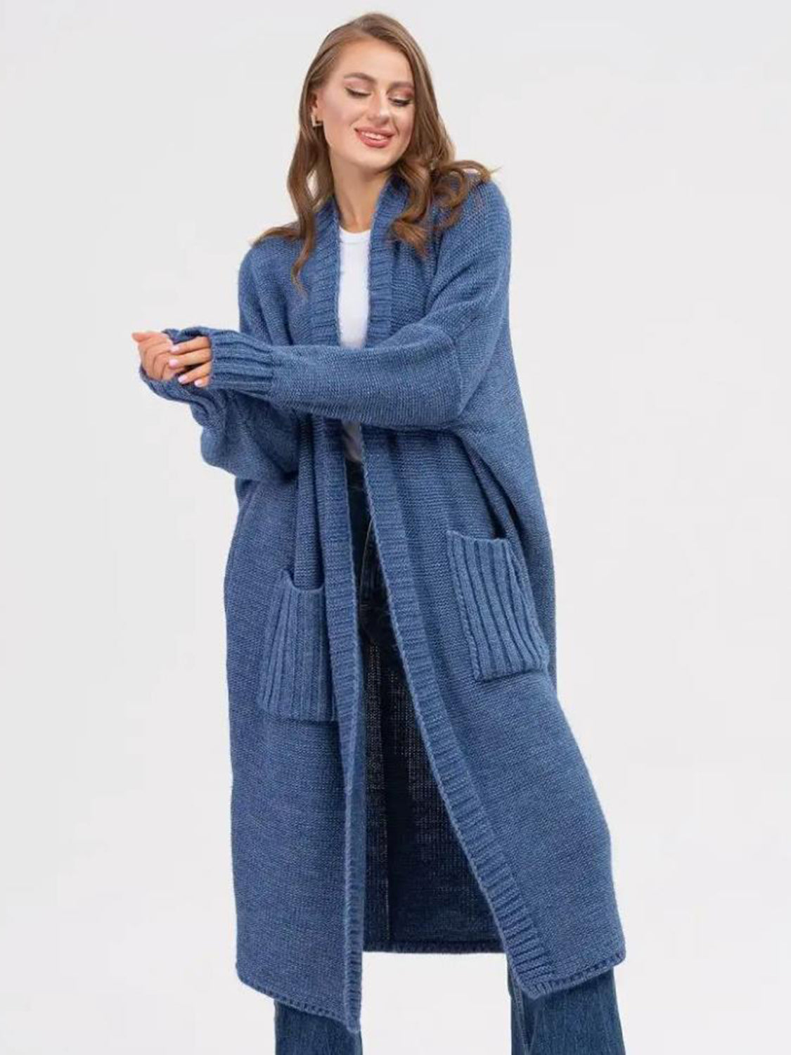 Pocketed Open Front Long Sleeve Longline Cardigan - ClassiQ