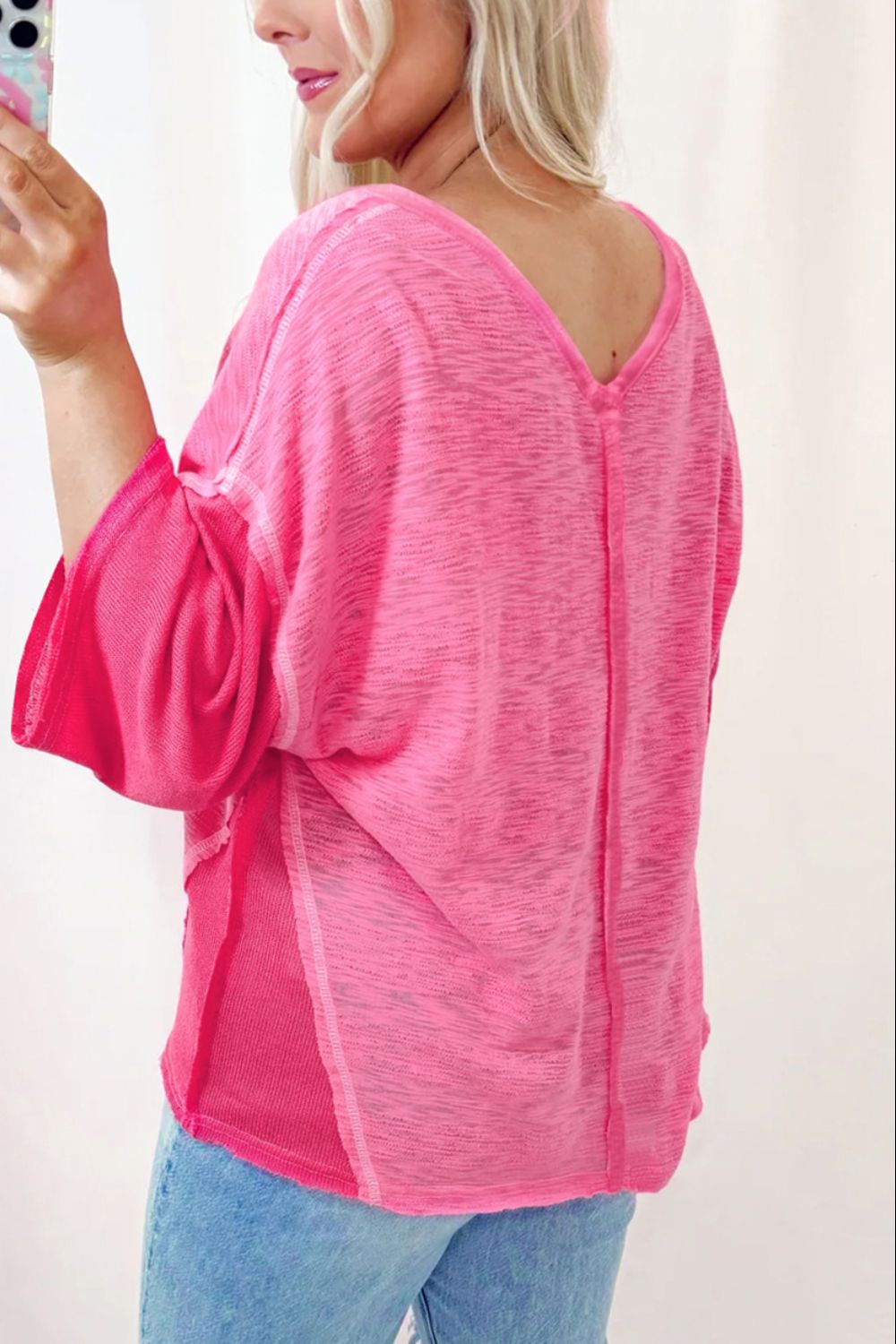 Exposed Seam V-Neck Three-Quarter Sleeve Blouse - Classique Collection