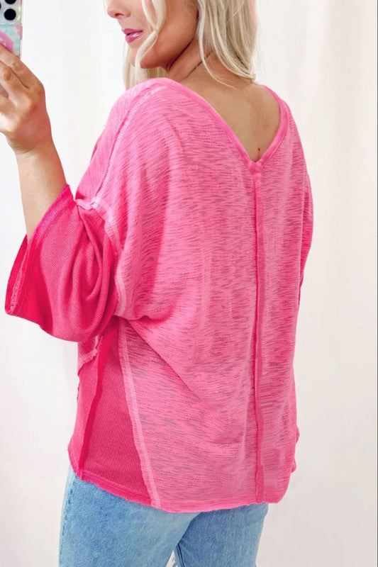 Exposed Seam V-Neck Three-Quarter Sleeve Blouse - Classique Collection