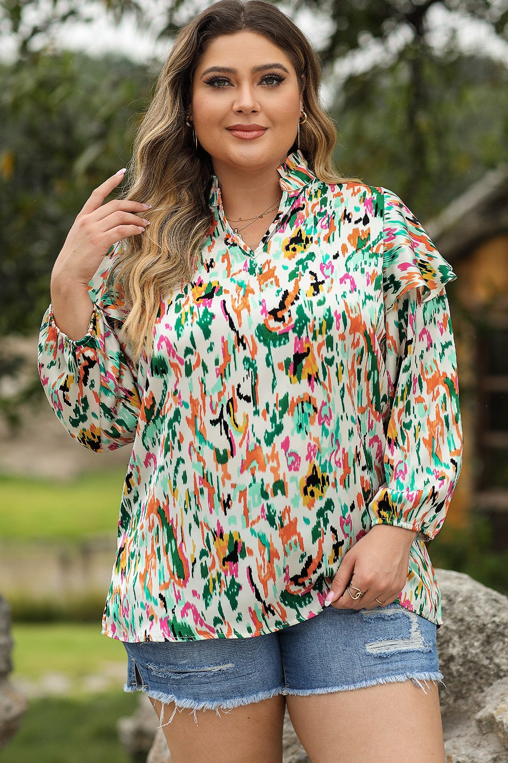 Plus Size Printed Ruffle Trim Long Sleeve Blouse - Classique Collection