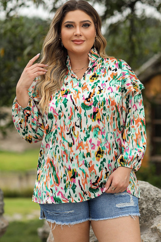 Plus Size Printed Ruffle Trim Long Sleeve Blouse - Classique Collection