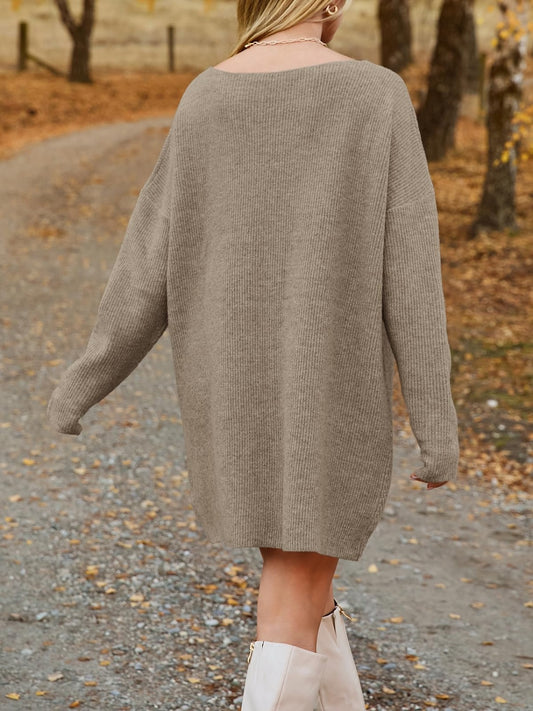 V-Neck Dropped Shoulder Sweater Dress - Classique Collection