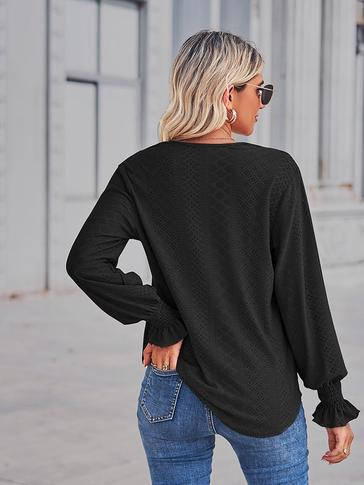 V-Neck Eyelet Flounce Sleeve Blouse - Classique Collection