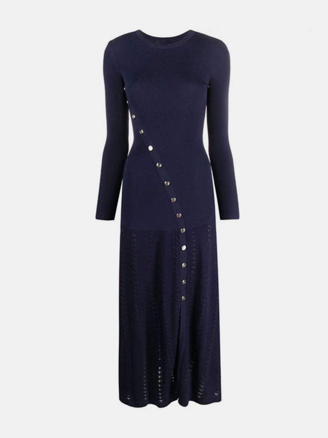 Openwork Round Neck Long Sleeve Sweater Dress - Classique Collection