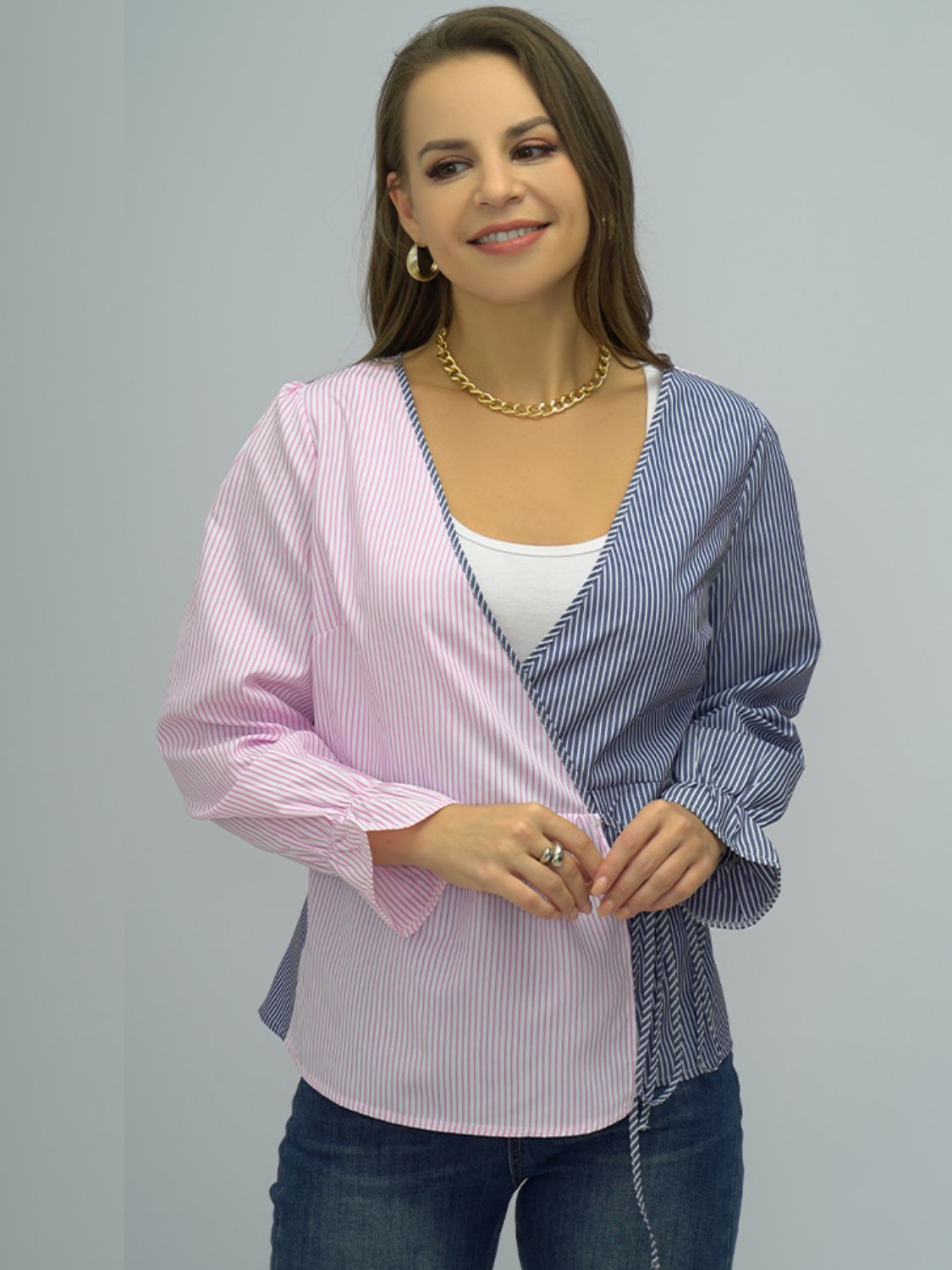 Shiny Surplice Neck Striped Long Sleeve Blouse - Classique Collection