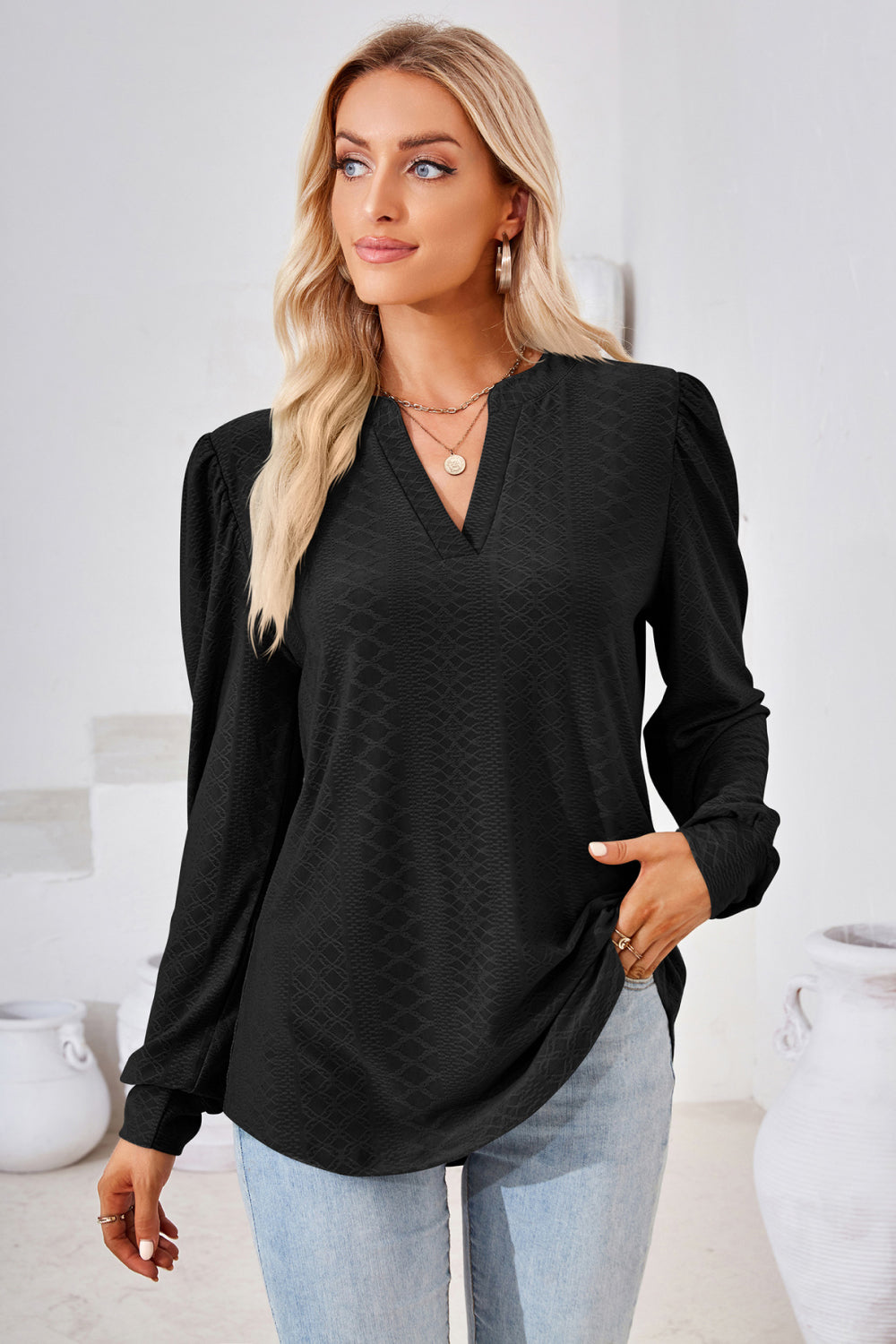 V-Neck Puff Sleeve Blouse - Classique Collection