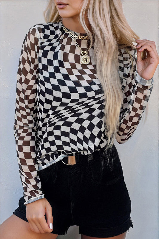 Black Checkered Pattern Mesh Mock Neck Long Sleeve Top ClassiQ