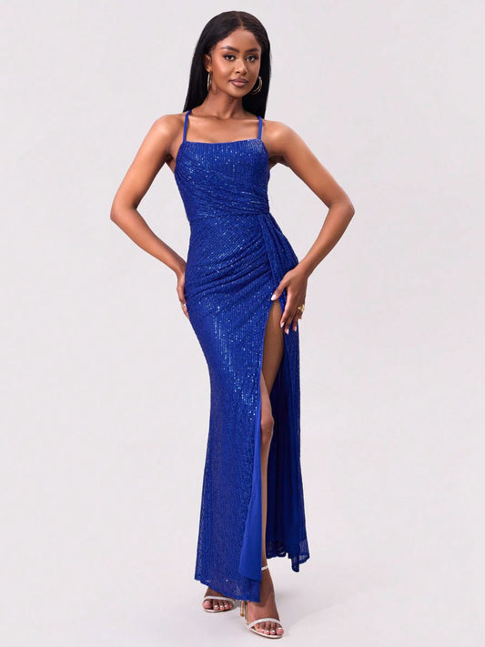 Slit Sequin Square Neck Spaghetti Strap Dress - Classique Collection