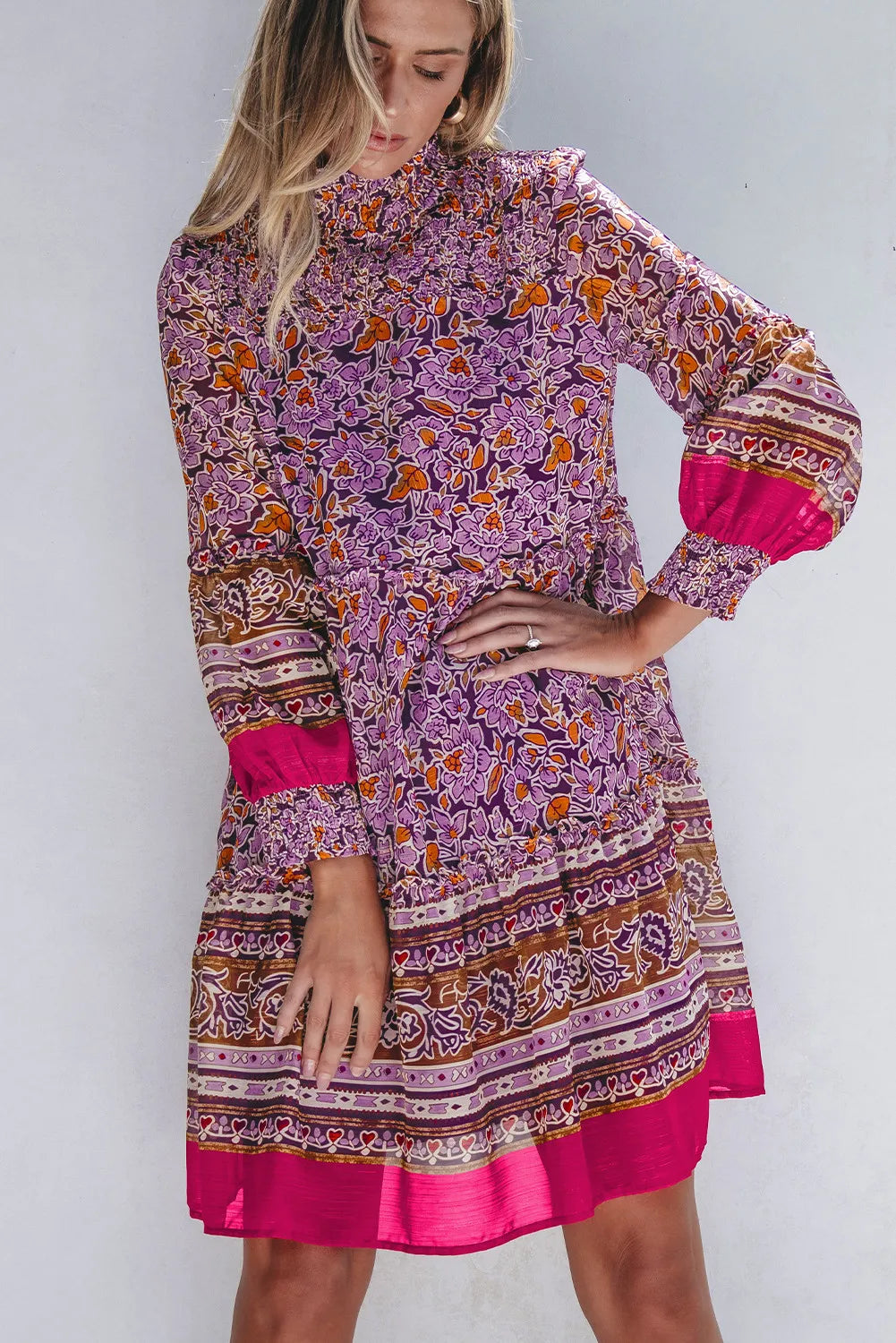 Smocked Floral Turtleneck Long Sleeve Dress - Classique Collection