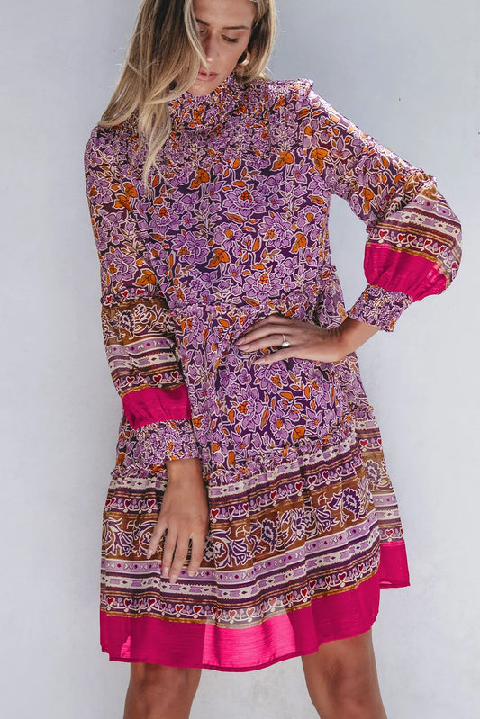 Smocked Floral Turtleneck Long Sleeve Dress - Classique Collection