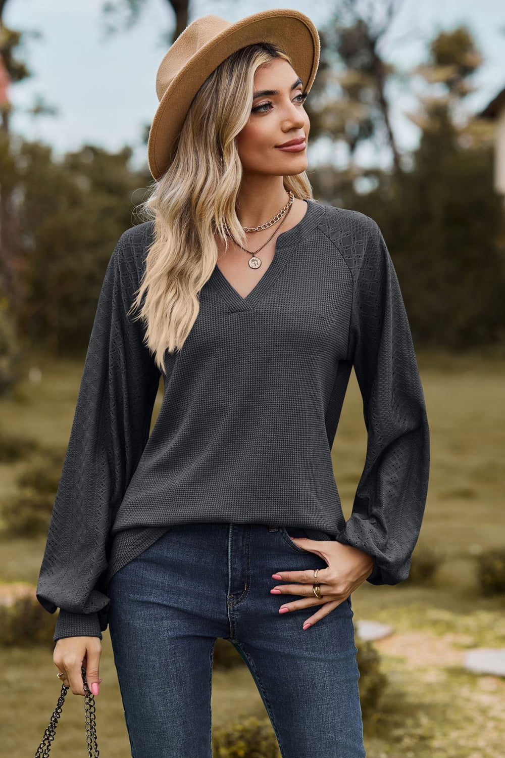 Notched Neck Raglan Sleeve Blouse - Classique Collection
