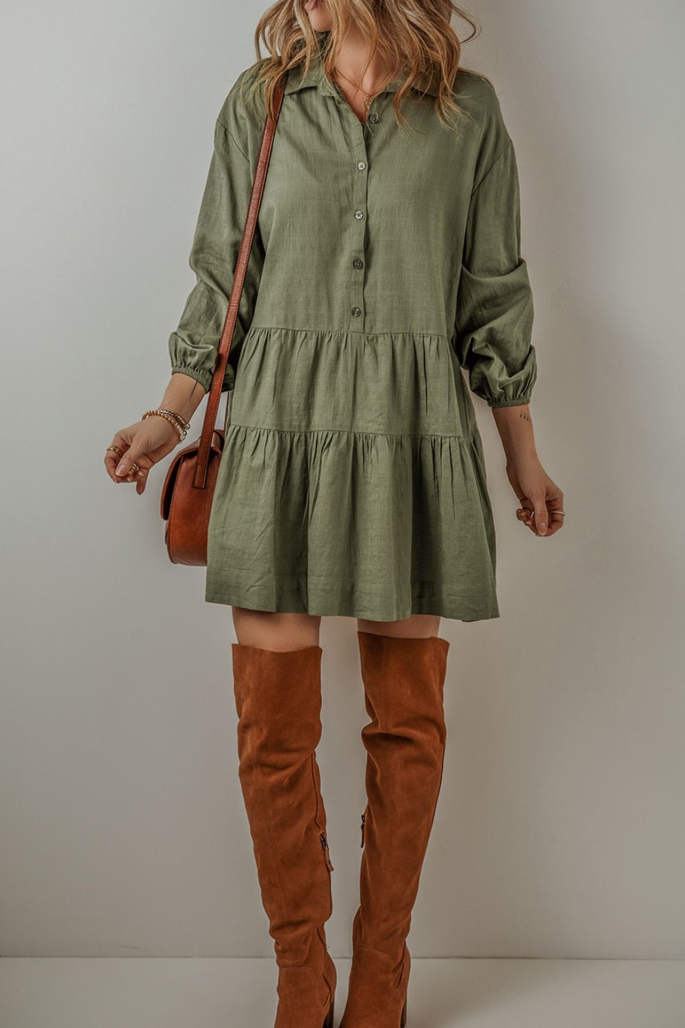 Tiered Collared Neck Balloon Sleeve Shirt Dress - Classique Collection