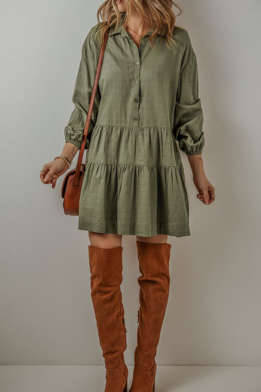 Tiered Collared Neck Balloon Sleeve Shirt Dress - Classique Collection