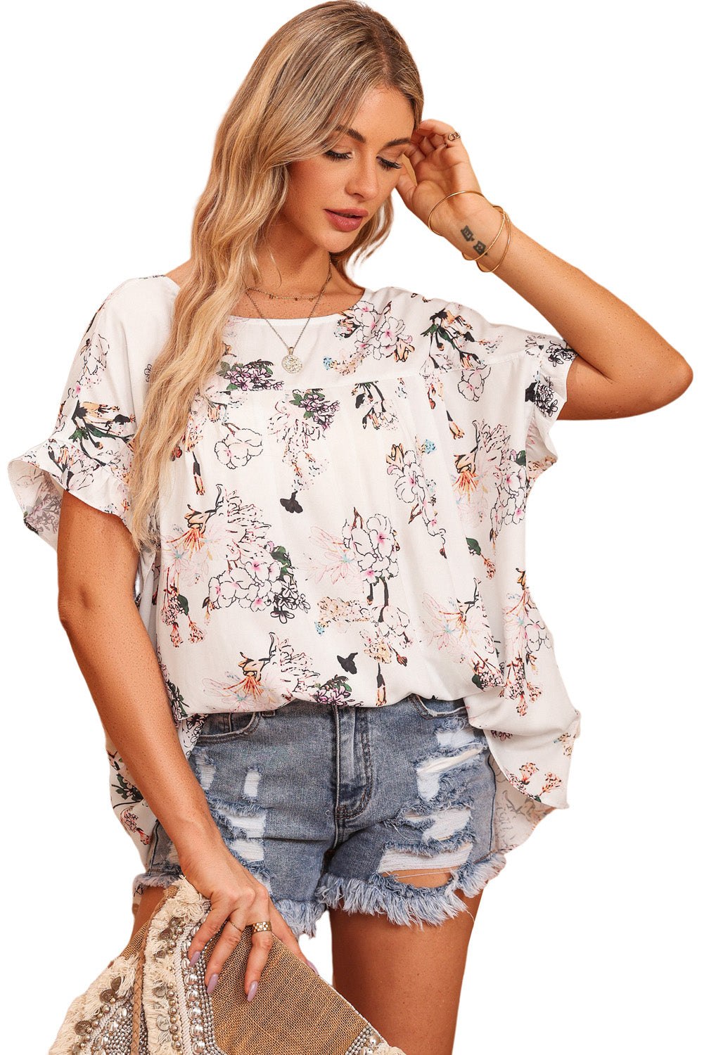 Floral Boat Neck Flounce Sleeve Blouse - Classique Collection