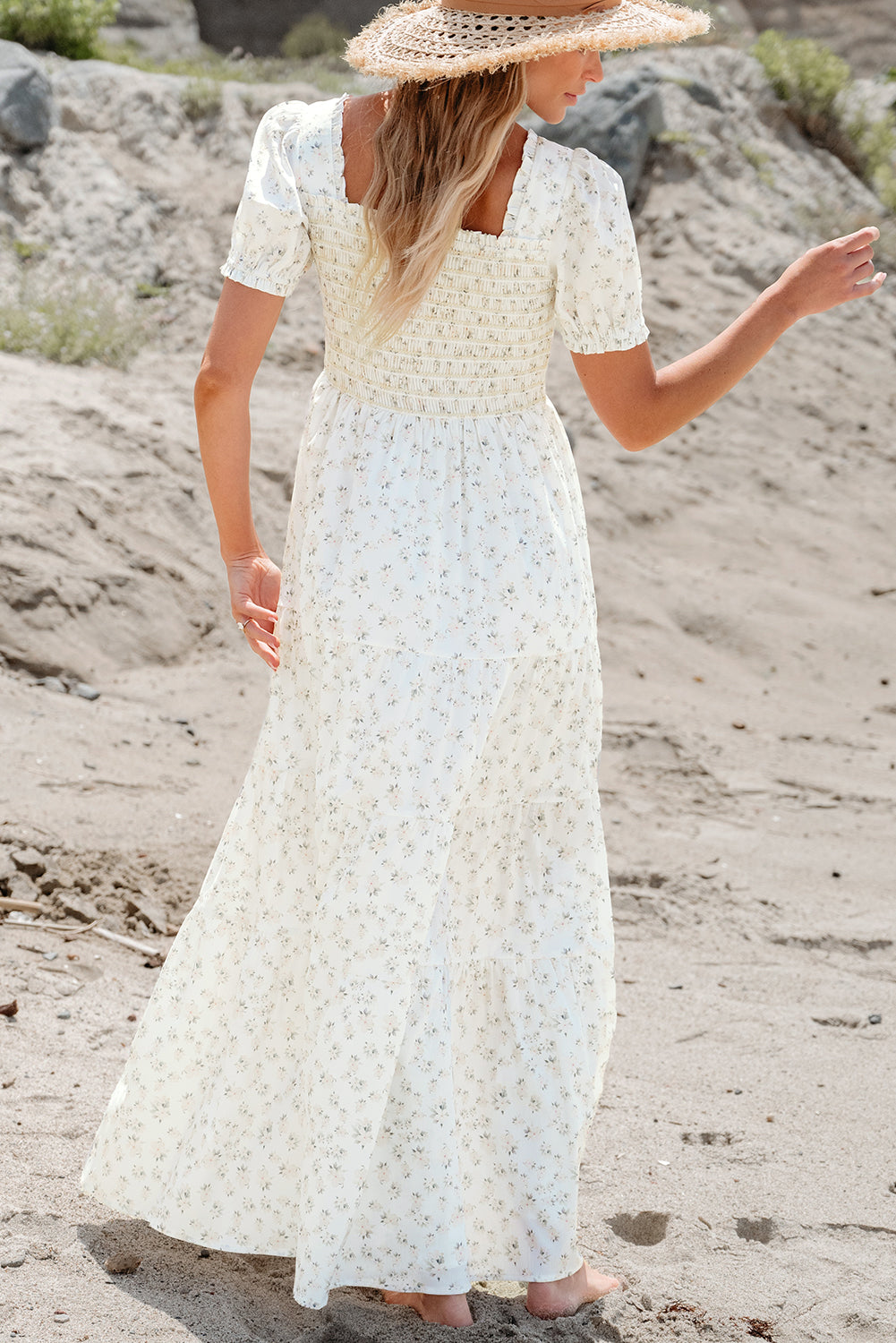 White Frilly Shirred Bodice Tiered Floral Maxi Dress ClassiQ