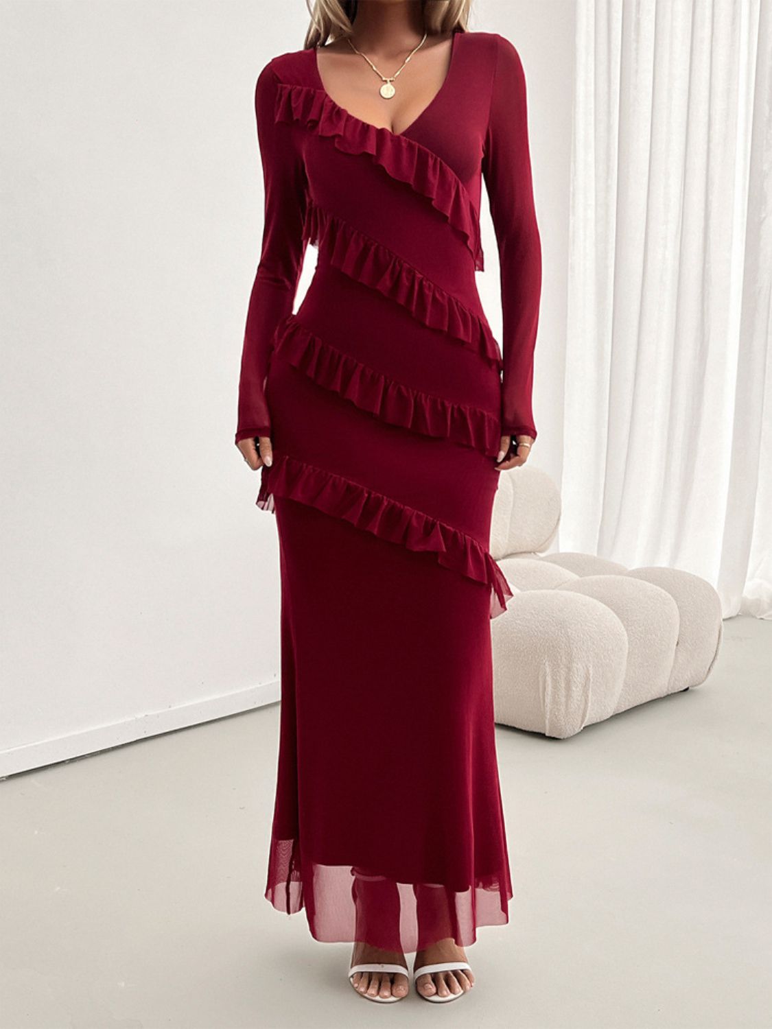Devine Ruffled Surplice Long Sleeve Maxi Dress - Classique Collection
