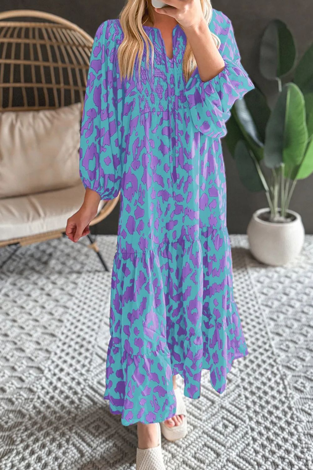 Smocked Printed Tie Neck Long Sleeve Dress - Classique Collection