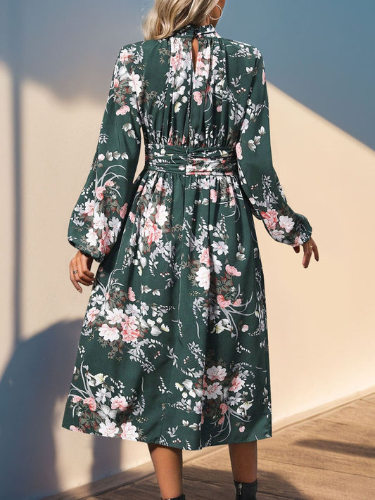 Perfee Ruched Printed Mock Neck Long Sleeve Midi Dress - Classique Collection