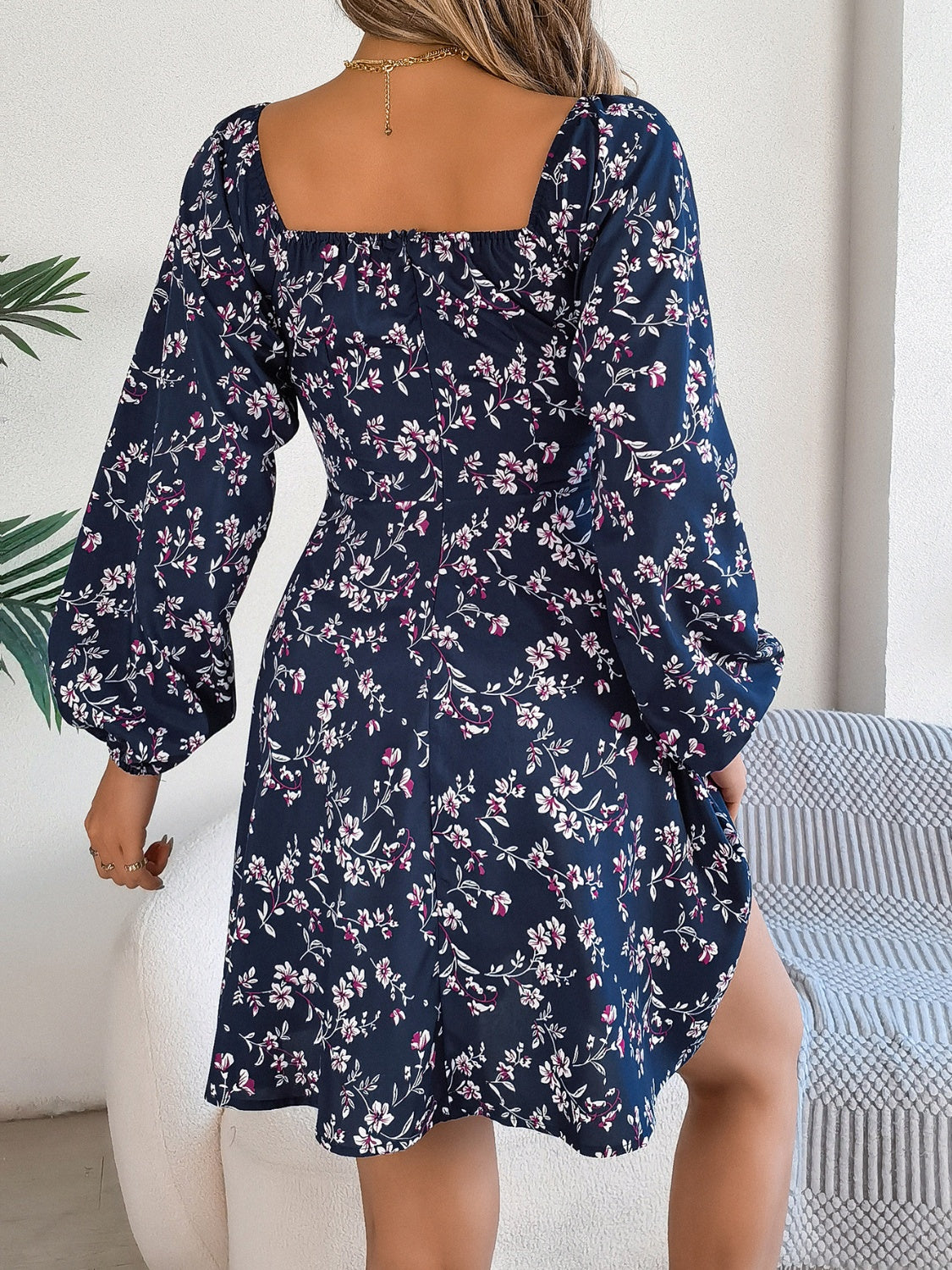 Printed Sweetheart Neck Balloon Sleeve Mini Dress - Classique Collection