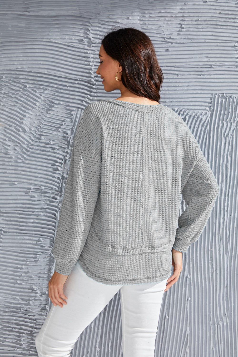 Waffle-Knit V-Neck Blouse with Breast Pocket - Classique Collection