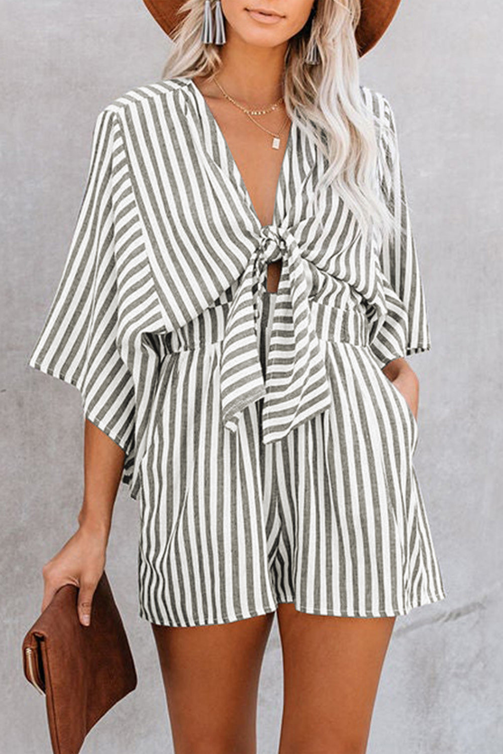 Bow Striped Kimono Sleeve Romper - ClassiQ