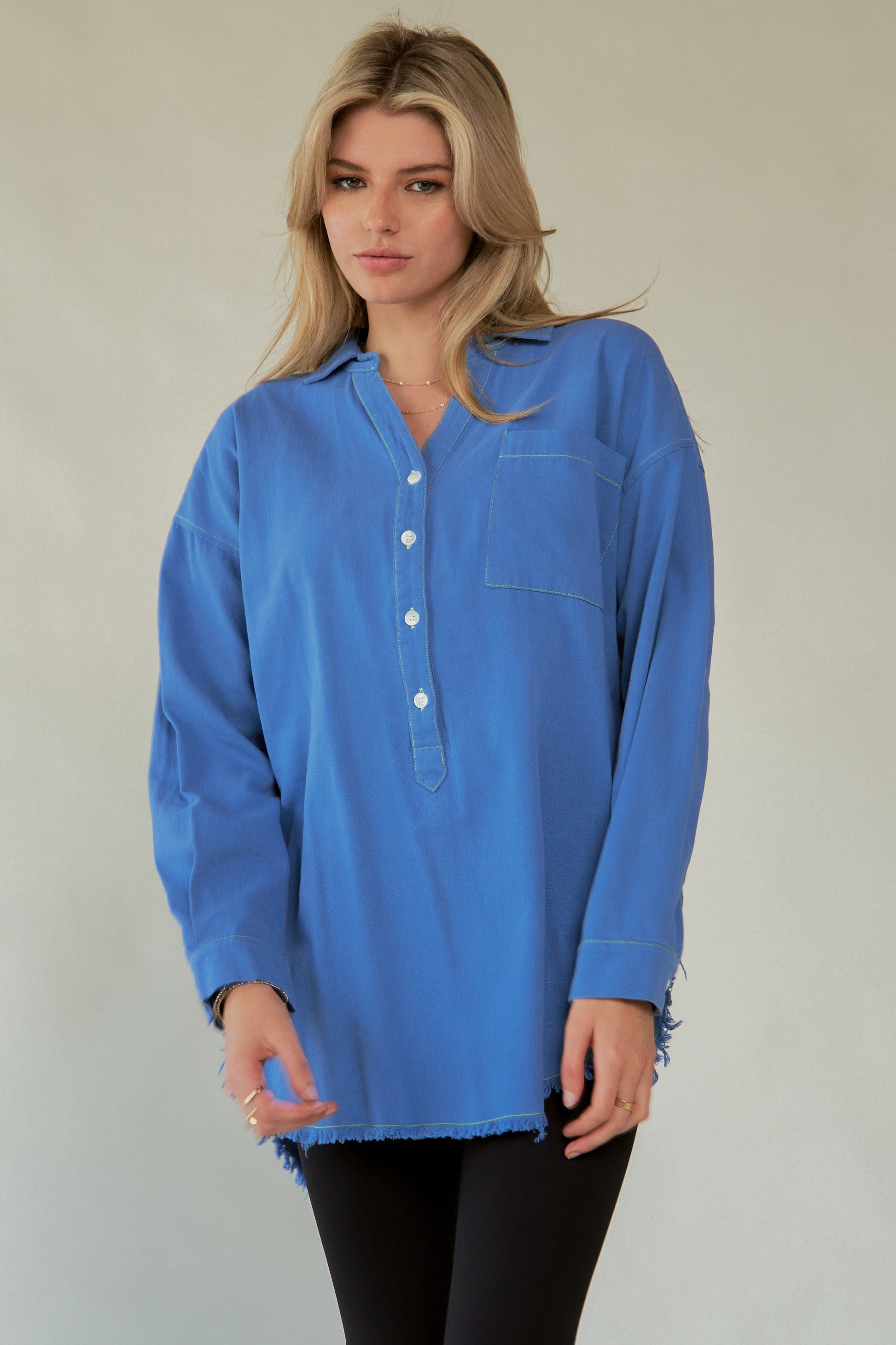 Davi & Dani Letter Back Raw Hem Half Button Shirt - Classique Collection