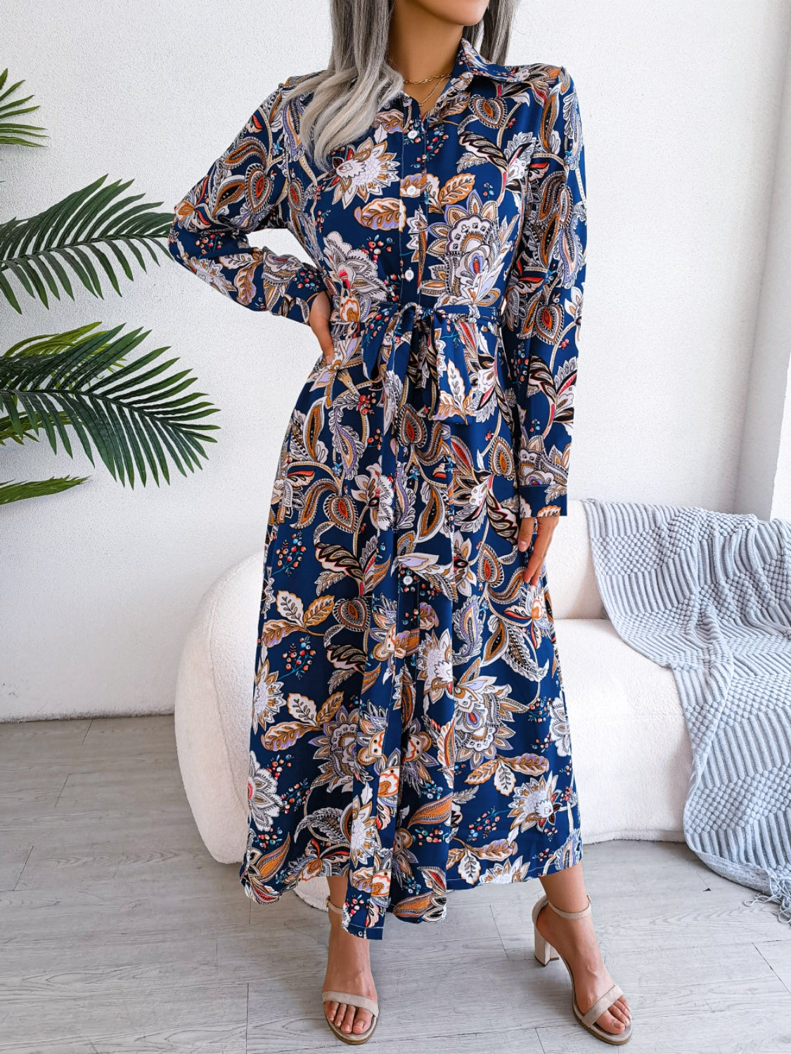 Tied Printed Long Sleeve Midi Dress - Classique Collection